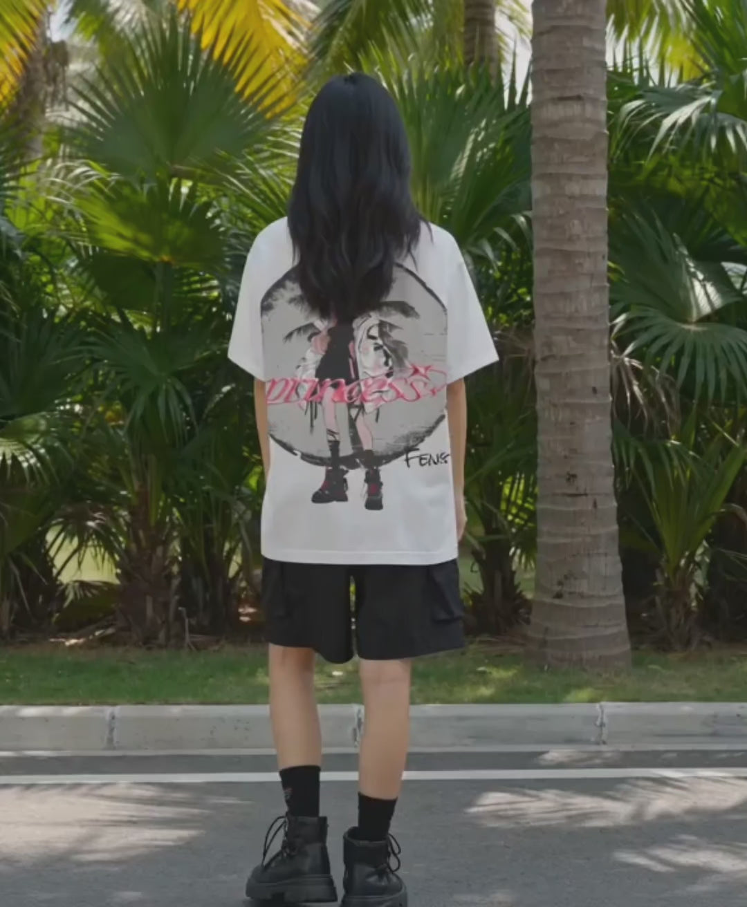 FENG "Princess" Anime Streetwear Graphic T-Shirt – White Oversized Tee